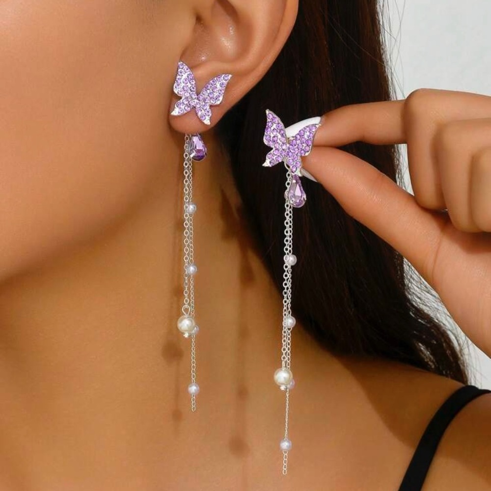 Purple Butterfly Drop Dangle Earrings, Butterfly Earrings